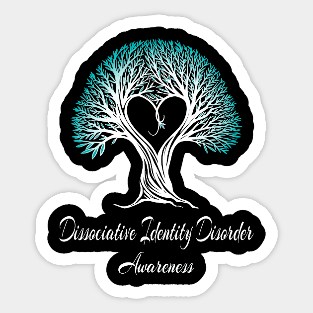 Dissociative Identity Disorder Awareness Teal Ribbon Tree With Heart Sticker by MerchAndrey